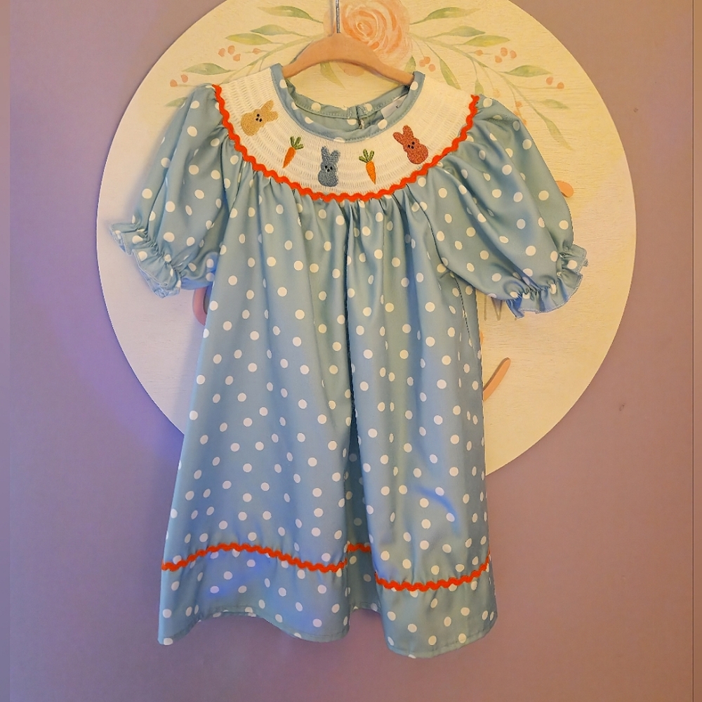 Blue Polka Dotted Easter Smocked Dress